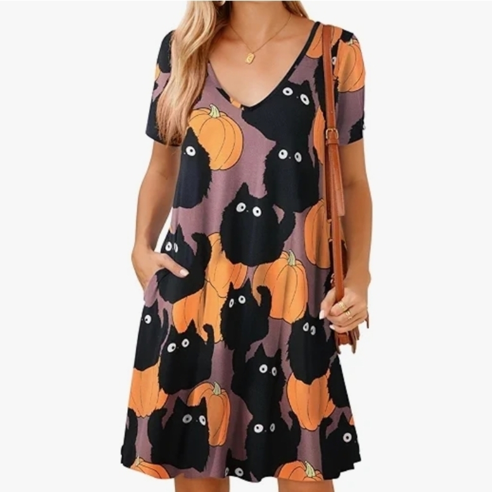 GUC Perfect Fall Cats and Pumpkins T-Shirt Dress Midi With Pockets! 3X